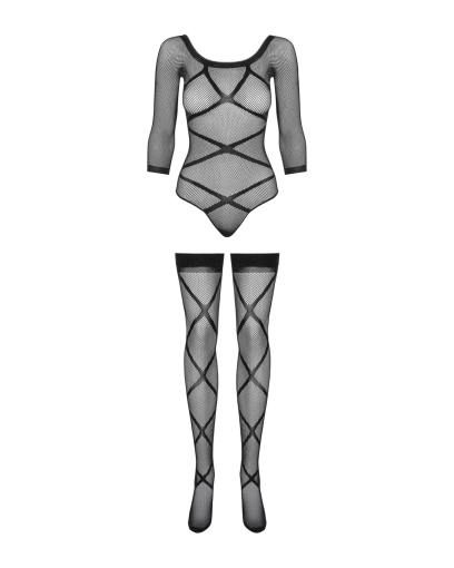 Бодістокінг Obsessive Bodystocking G320 S/M/L, панчохи, боді, декор у вигляді ліній - фото №5