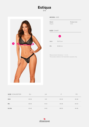 Мереживний бюстгальтер із трикутною чашкою Obsessive Estiqua bra M/L, чорний, широкі лямки - фото №5