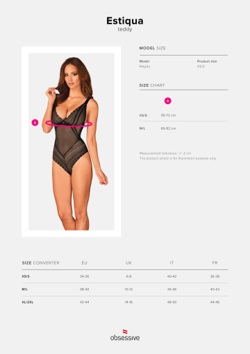 Мереживне боді з декольте Obsessive Estiqua teddy M/L, чорне, широкі лямки - фото №7