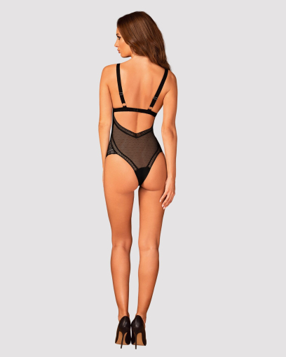 Мереживне боді з декольте Obsessive Estiqua teddy M/L, чорне, широкі лямки - фото №4