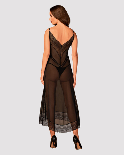 Напівпрозора довга сорочка Obsessive Estiqua chemise M/L, чорний, асиметричний крій - фото №4