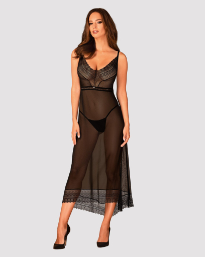 Напівпрозора довга сорочка Obsessive Estiqua chemise XL/2XL, чорний, асиметричний крій - фото №3