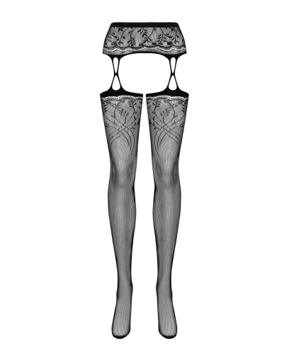 Панчохи-стокінги з рослинним малюнком Obsessive Garter stockings S206 black S/M/L чорні, імітація га - фото №5