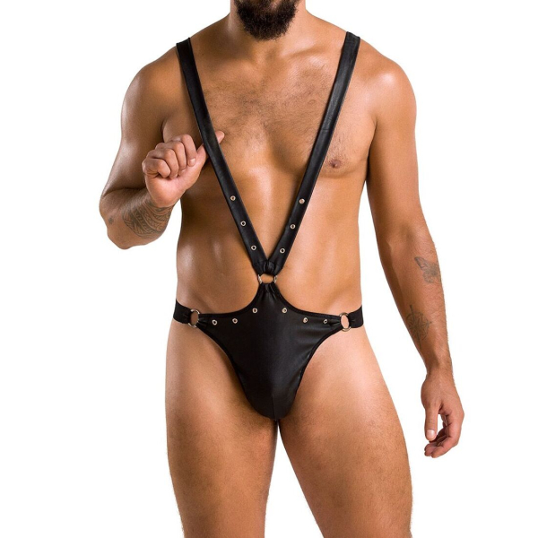 Чоловіче боді з люверсами Passion 028 HARRY L/XL Black, екошкіра, на шлейках - фото