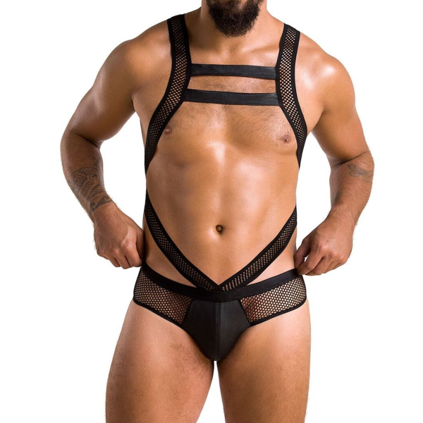 Чоловіче еротичне сітчасте боді Passion 045 VICTOR L/XL Black, екошкіра, сітка - фото