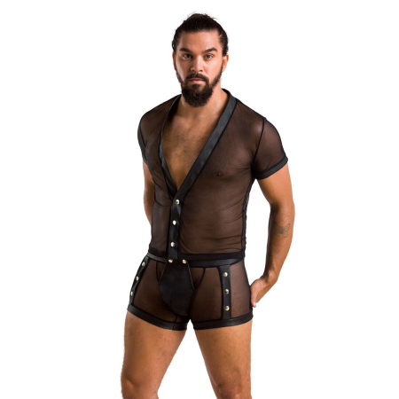 Комплект сітчастої чоловічої білизни Passion 052 SET MICHAEL L/XL black, сорочка, боксери, заклепки - фото №3