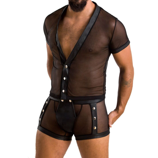 Комплект сітчастої чоловічої білизни Passion 052 SET MICHAEL L/XL black, сорочка, боксери, заклепки - фото