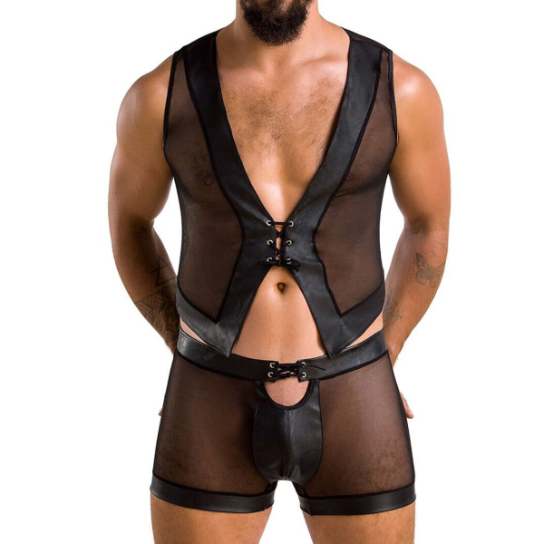 Комплект чоловічої білизни на шнурівці Passion 053 SET WILLIAM L/XL Black, жилет, боксери - фото
