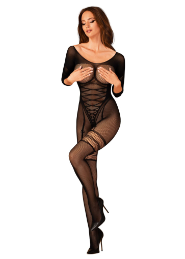 Сітчастий бодістокінг з імітацією підв’язок Obsessive Bodystocking G329 XL/XXL, black, з доступом - фото №5