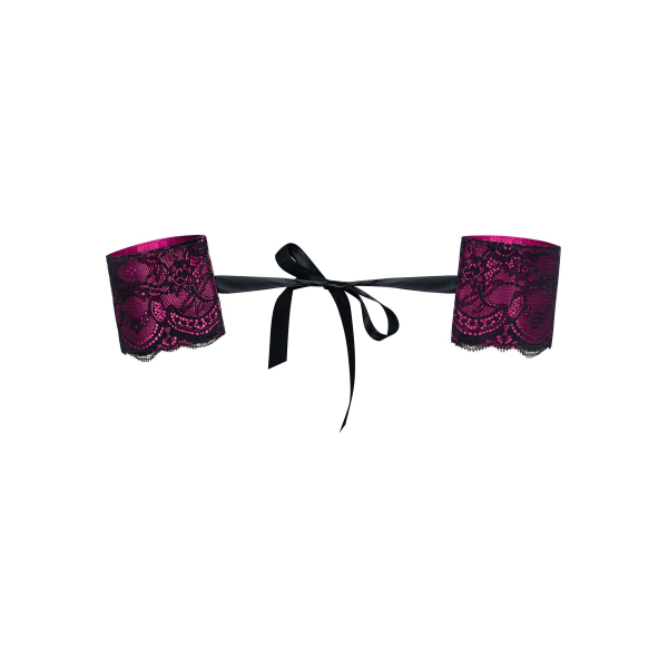 (SALE) Атласні наручники-манжети на стрічках Obsessive Roseberry cuffs, pink, прикрашені мереживом - фото