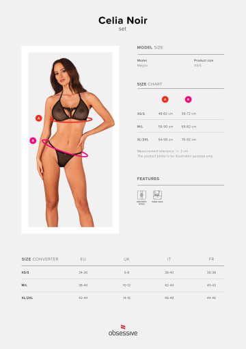 Напівпрозорий комплект Obsessive Celia Noir 2-pcs set XS/S, бюстгальтер, стрінги - фото №5