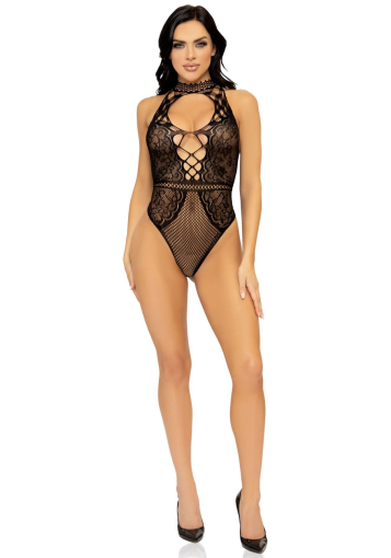 Leg Avenue Net and lace halter bodysuit OS Black - фото №6