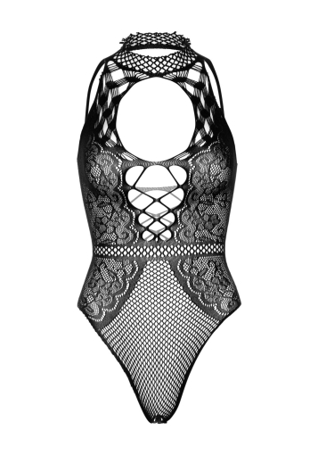 Leg Avenue Net and lace halter bodysuit OS Black - фото №11