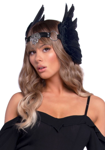 Пов’язка на голову з крилами Leg Avenue Feather headband Black, пір’я та натуральна шкіра - фото