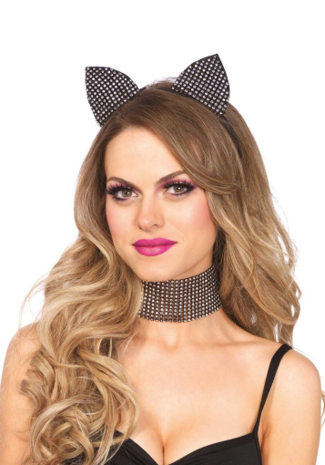 Набір кішечки зі стразами Leg Avenue Cat ear headband & choker set, широкий чокер та вушка - фото