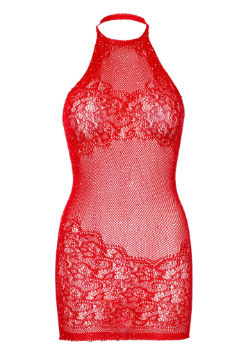 Сукня-сітка зі стразами Leg Avenue Rhinestone halter mini dress Red, відкрита спина, one size - фото №11