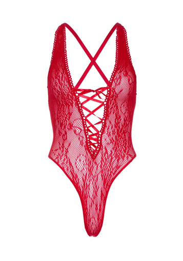 Мереживне боді Leg Avenue Floral lace thong teddy Red, шнурівка на грудях, one size - фото №4