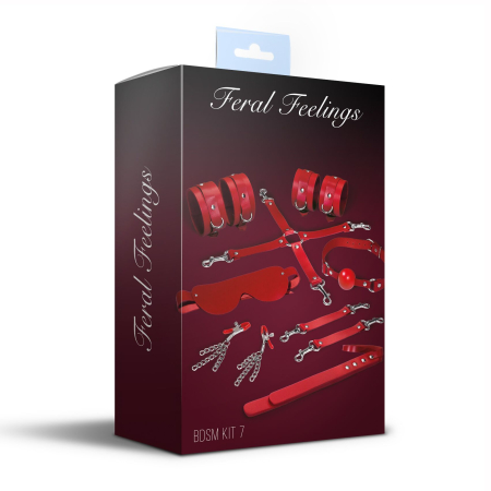 Набір Feral Feelings BDSM Kit 7 Red, наручники, поножі, конектор, маска, падл, кляп, затискачі - фото №2