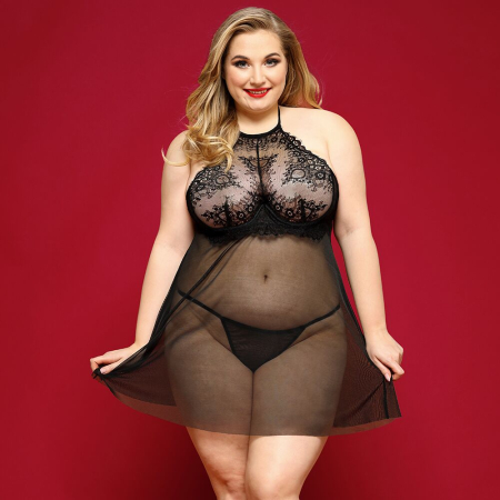 Сорочка бебі-дол JSY «Пристрасна Ліліт» Plus Size, Black, халтер, дрібна сітка, мереживо, стрінги - фото
