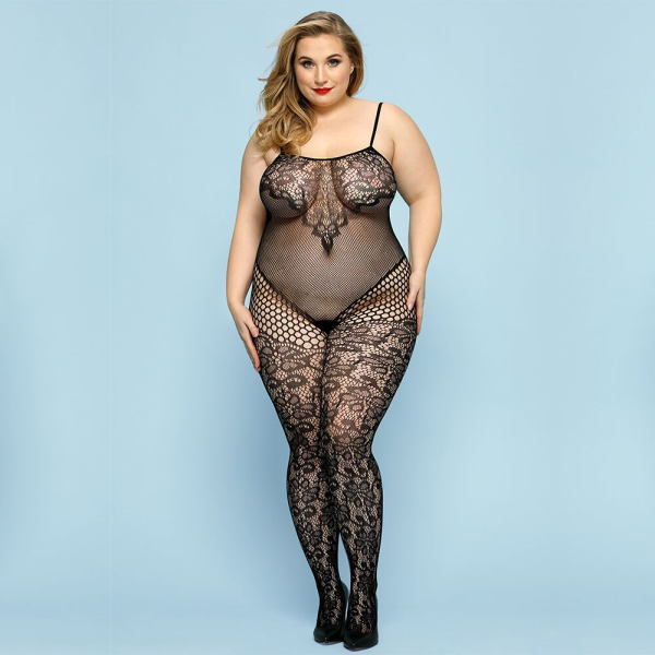 Відвертий бодістокінг JSY «Фатальна Скарлет» Plus Size, Black, імітація боді, мереживо, доступ - фото