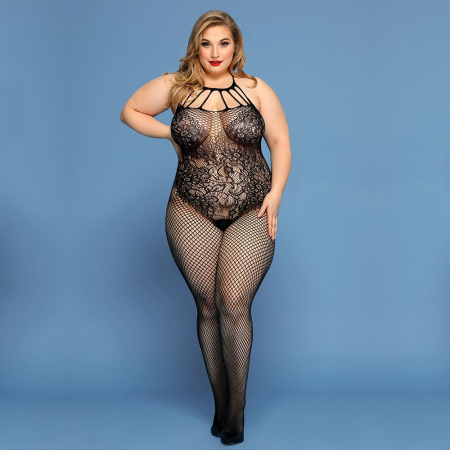 Сітчастий бодістокінг JSY «Відверта Мадлен» Plus Size, Black, імітація боді, мереживо, доступ - фото №5