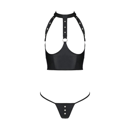Комплект білизни з відкритими грудьми Passion GENEVIA SET WITH OPEN BRA S/M black, корсет, стрінги - фото №3