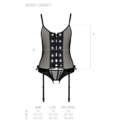 Корсет зі шнурівкою Passion NESSY CORSET L/XL black, стрінги з відкритим доступом, пажі для панчіх - фото №5