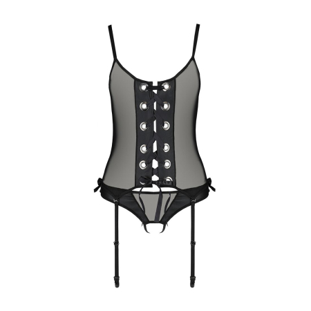 Корсет зі шнурівкою Passion NESSY CORSET S/M black, стрінги з відкритим доступом, пажі для панчіх - фото №3