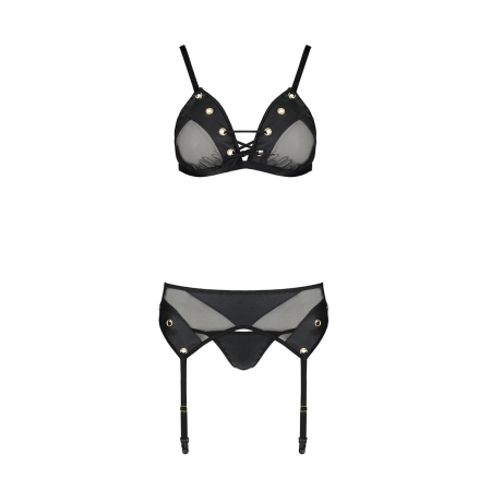 Комплект білизни Passion NESSY SET XXL/XXXL black, бюстгальтер, пояс для панчіх, стрінги - фото №3