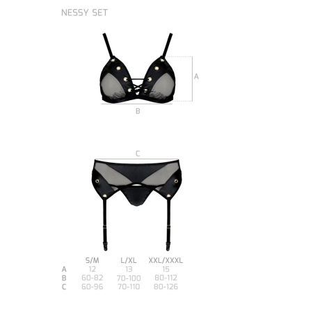 Комплект білизни Passion NESSY SET XXL/XXXL black, бюстгальтер, пояс для панчіх, стрінги - фото №5