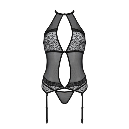 Корсет з пажами Passion SATARA CORSET XXL/XXXL black, стрінги, мереживо, застібки спереду та ззаду - фото №3