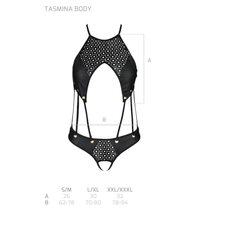 Боді з відкритим доступом Passion TASMINA BODY XXL/XXXL, black, екошкіра, шнурівки, ажурні мережива - фото №5