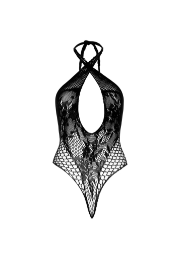Мереживне тедді Leg Avenue Lace and net halter teddy One size Black, глибокий виріз, халтер - фото №7