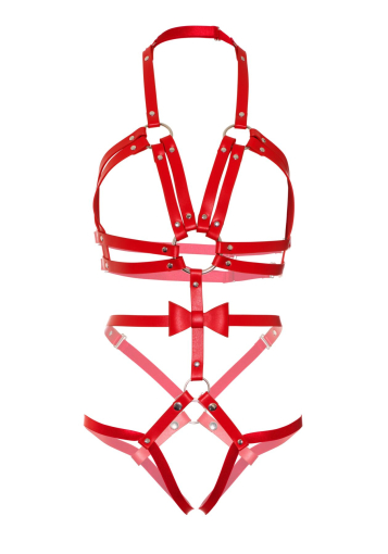 Портупея-тедді з ременів Leg Avenue Studded O-ring harness teddy M Red, екошкіра - фото №5