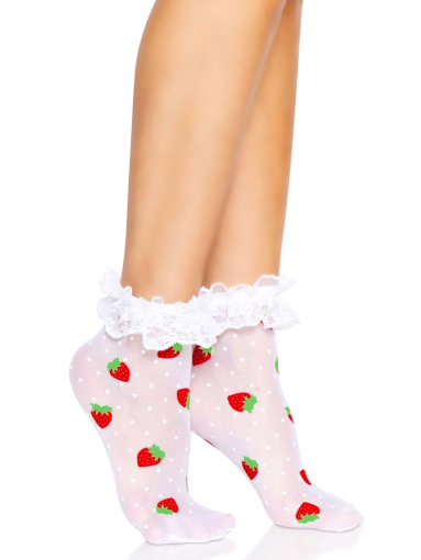 Шкарпетки жіночі з полуничним принтом Leg Avenue Strawberry ruffle top anklets One size, мереживні м - фото №4
