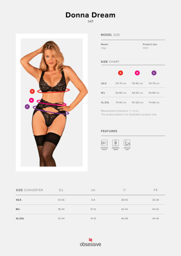 (SALE) Комплект білизни Obsessive Donna Dream 3-pcs set XS/S Black, бюстгальтер, стрінги, пояс для панчіх - фото №5