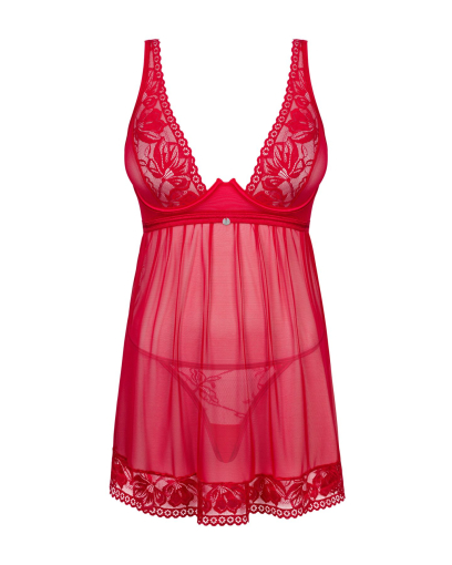Прозора сорочка бебі-дол Obsessive Lacelove babydoll & thong XL/2XL Red, мереживо, стрінги - фото №3
