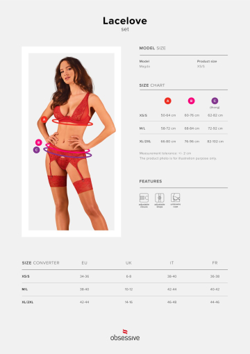 Комплект білизни Obsessive Lacelove cupless 3-pcs set XL/2XL Red, бюстгальтер, стрінги, пояс для пан №5
