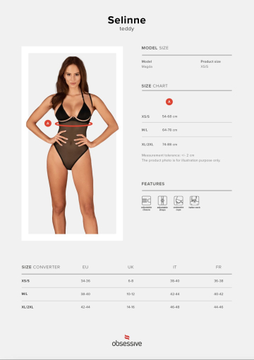 Прозоре боді Obsessive Selinne teddy M/L Black, дрібна сітка, подвійні бретелі - фото №5