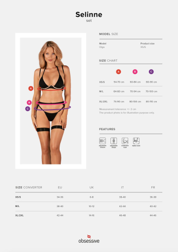 (SALE) Комплект білизни Obsessive Selinne 3-pcs set XS/S Black, бюстгальтер, стрінги пояс для панчіх №5