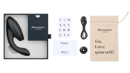 Подвійний вакуумний кліторальний стимулятор з вібрацією Womanizer Duo 2 - Black, незалежні мотори - фото №7