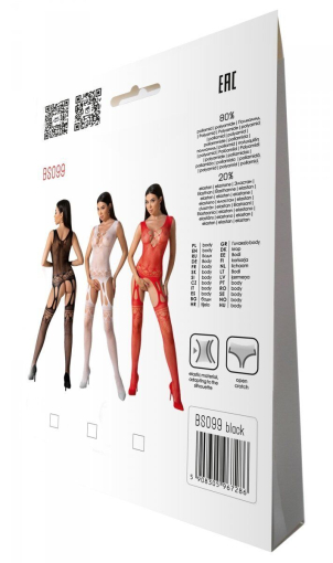 Бодістокінг з плетінням на грудях Passion BS099 One Size, black, відкритий доступ, імітація підв’язо №7