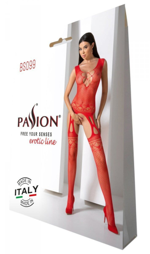 Бодістокінг з плетінням на грудях Passion BS099 One Size, red, відкритий доступ, імітація підв’язок №6