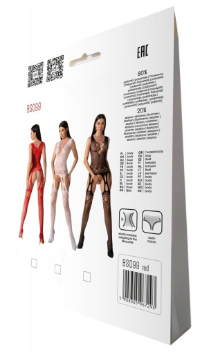 Бодістокінг з плетінням на грудях Passion BS099 One Size, red, відкритий доступ, імітація підв’язок №7