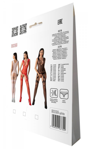 Бодістокінг з плетінням на грудях Passion BS099 One Size, white, відкритий доступ, імітація підв’язо №7