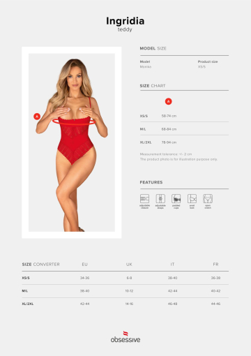 Боді з доступом Obsessive Ingridia crotchless teddy XS/S, червоне, відкриті груди - фото №5