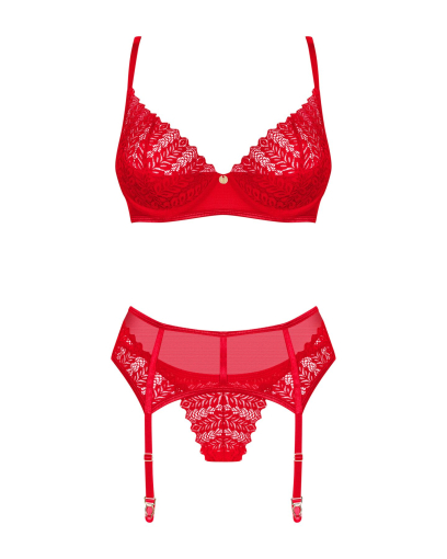 Комплект Obsessive Ingridia 3-pcs set XL/2XL, червоний, бюстгальтер, стрінги, пояс №3