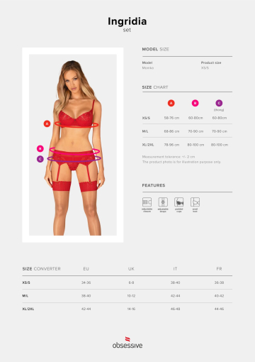 Комплект Obsessive Ingridia 3-pcs set XL/2XL, червоний, бюстгальтер, стрінги, пояс №5