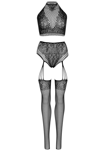 Еротичний комплект Leg Avenue Crop top and garter panty Black, топ, трусики з доступом, панчохи №4