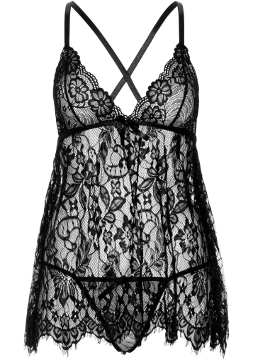 Сорочка бебі-дол Leg Avenue Floral lace babydoll & string Black L, стрінги - фото №3